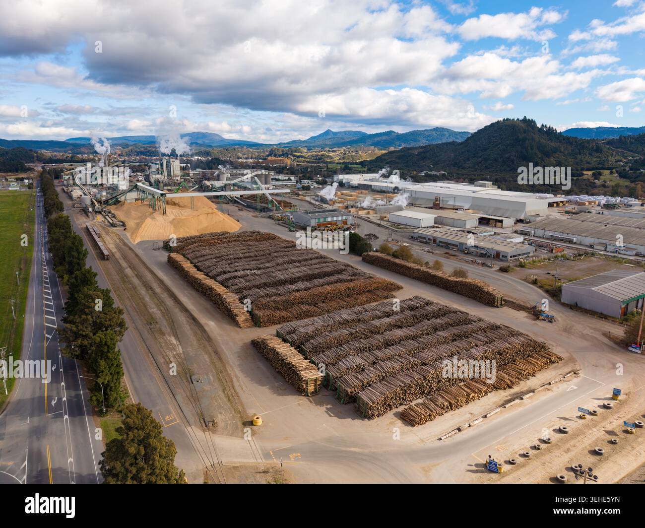 Pulp Nz Aerial view of a pulp and paper mill in Kawerau, New Zealand, with huge ...