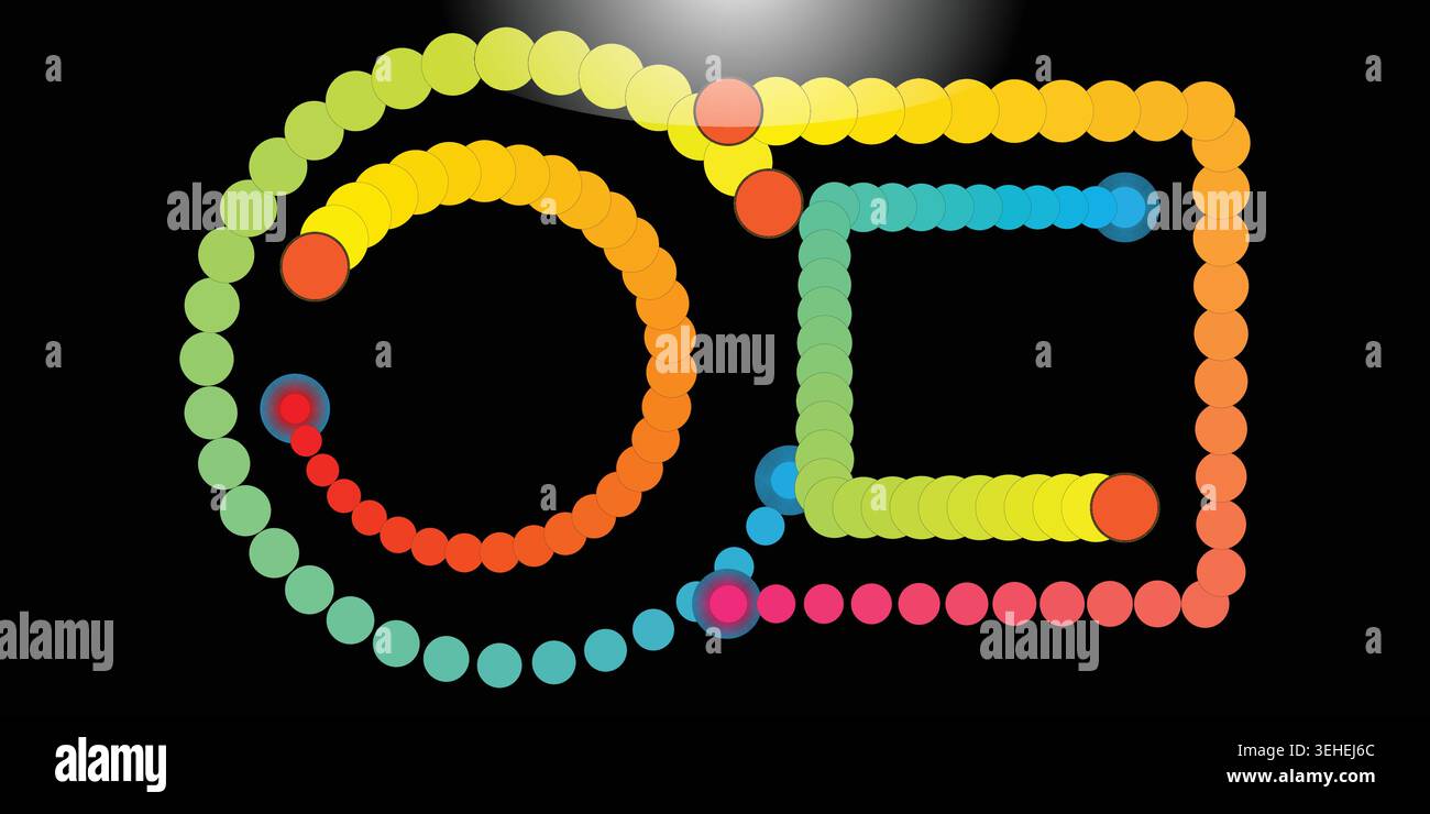 Colorful dots forming shapes on a black background with a gradient effect Stock Vector
