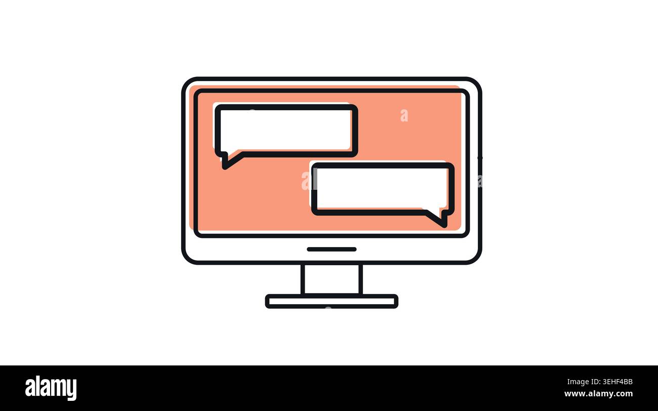 Desktop computer online chat icon: PC workstation displaying two speech bubbles on screen Stock Vector