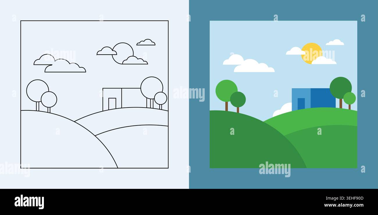 Set of landscape illustrations with a house, trees, hills, and clouds in both line art and flat color styles Stock Vector