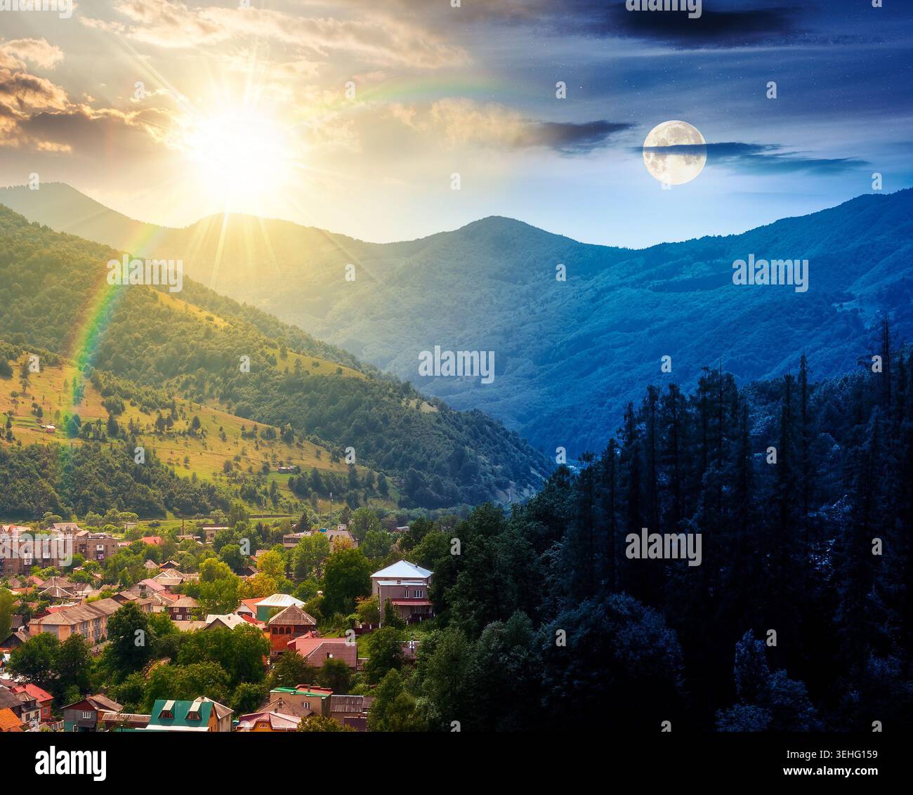 day meet night. carpathian mountain landscape in summer. view in to the valley of rakhiv town near forested hill of mountain range. astrology backgrou Stock Photo