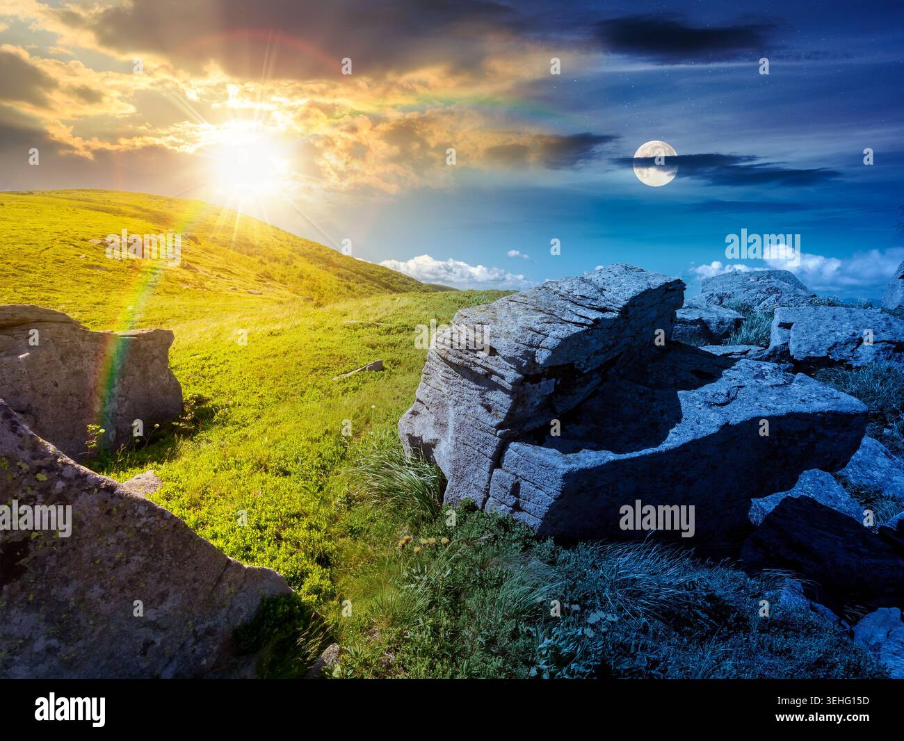day meet night above Carpathian mountain summer landscape. sun and moon in harmony over meadow with stones among the grass on hillside near the peak o Stock Photo