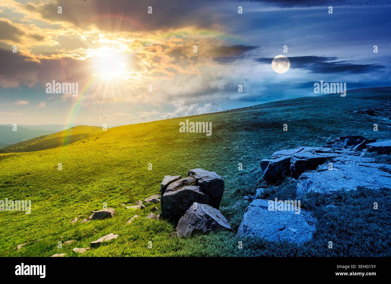 day meet night. mountain landscape with alpine meadow. sun and moon over carpathian mountain scenery on summer solstice. view in to the distant valley Stock Photo