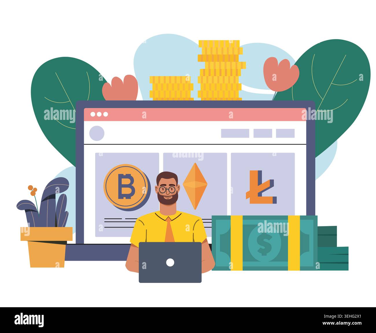 Crypto trader at laptop. Vector illustration Stock Vector