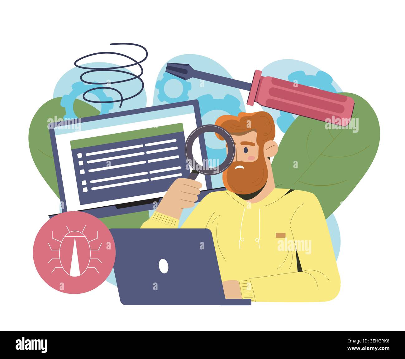 Developer debugging scene. Vector illustration Stock Vector