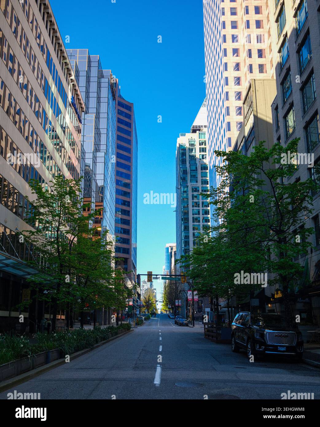 Ab empty downtown street early morning in Vancouver, BC. Stock Photo