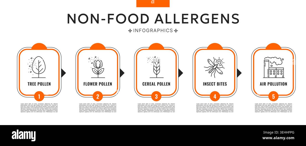 Non food allergens infographic showing tree, flower or cereal pollen, insect bites and air pollution numbered sections and thin line icons. Info graphics explains common environmental allergy triggers Stock Vector