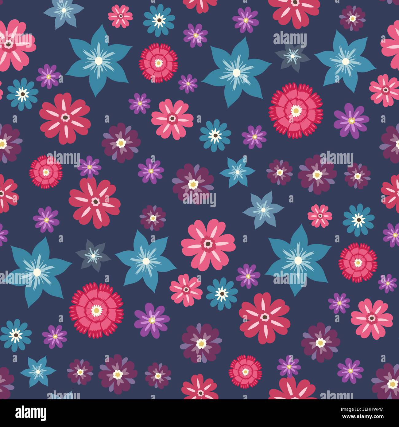 Navy Blue Scattered Small Wildflower Pattern Stock Vector