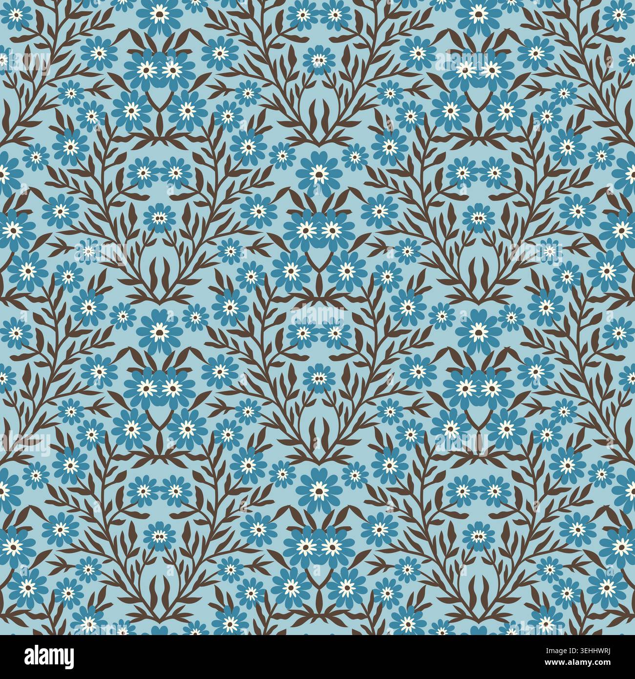 Blue Damask Style Small Floral Pattern Stock Vector