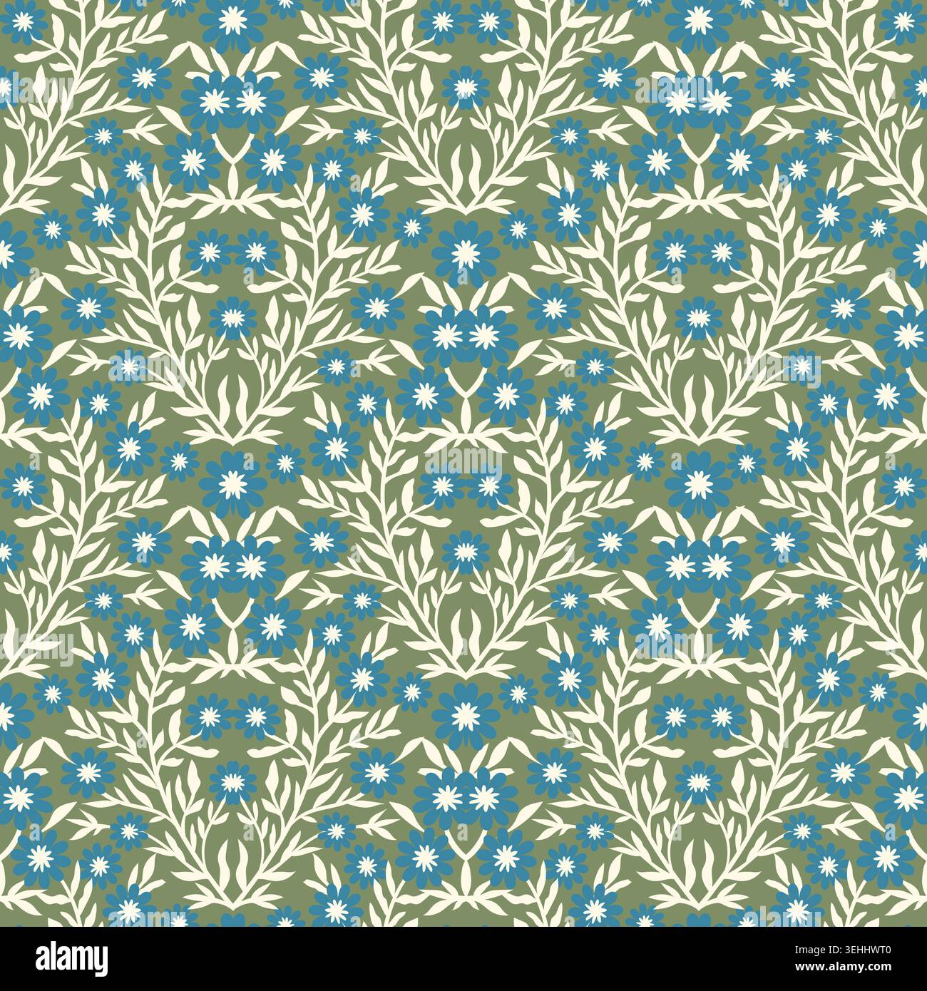 Olive Green Damask Small Floral Pattern Stock Vector