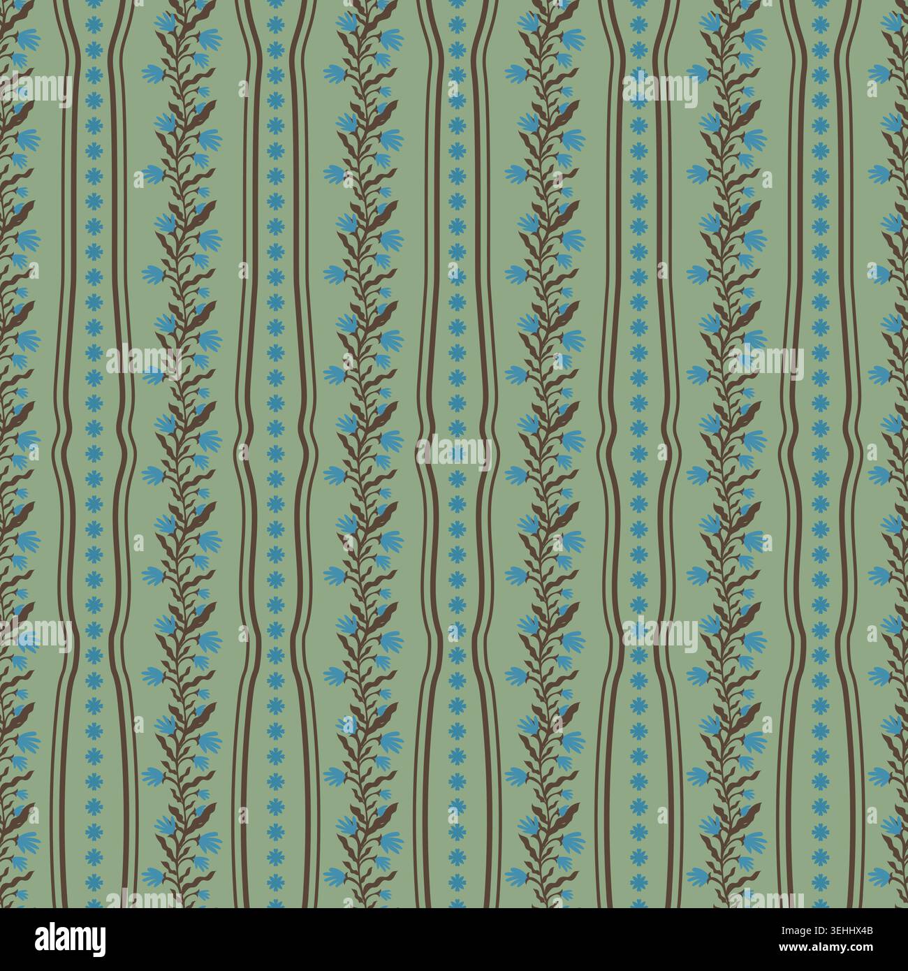 Olive Green Vertical Flower Stripe Pattern Stock Vector
