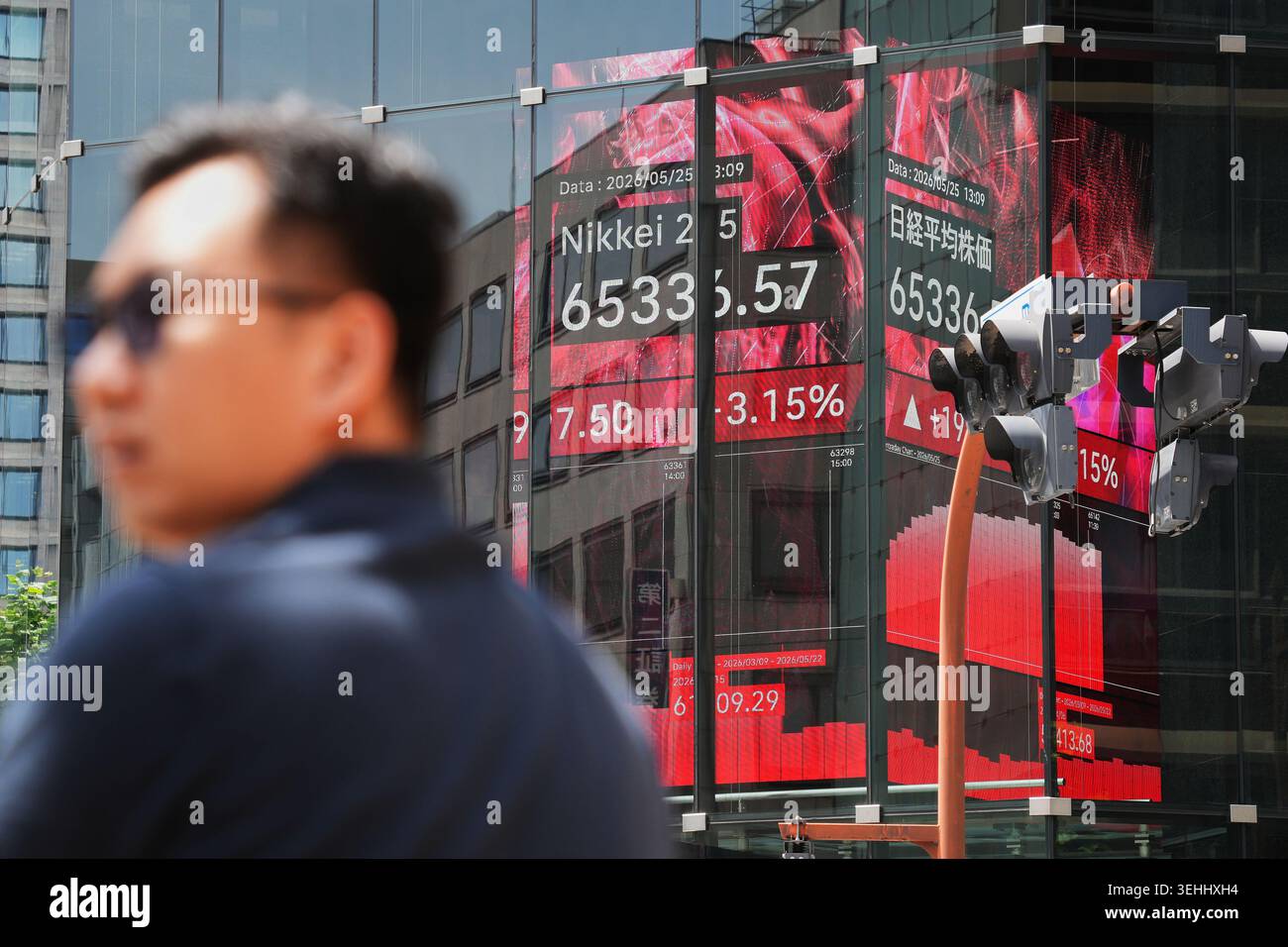 A person stands in front of an electronic stock board showing Japan's ...