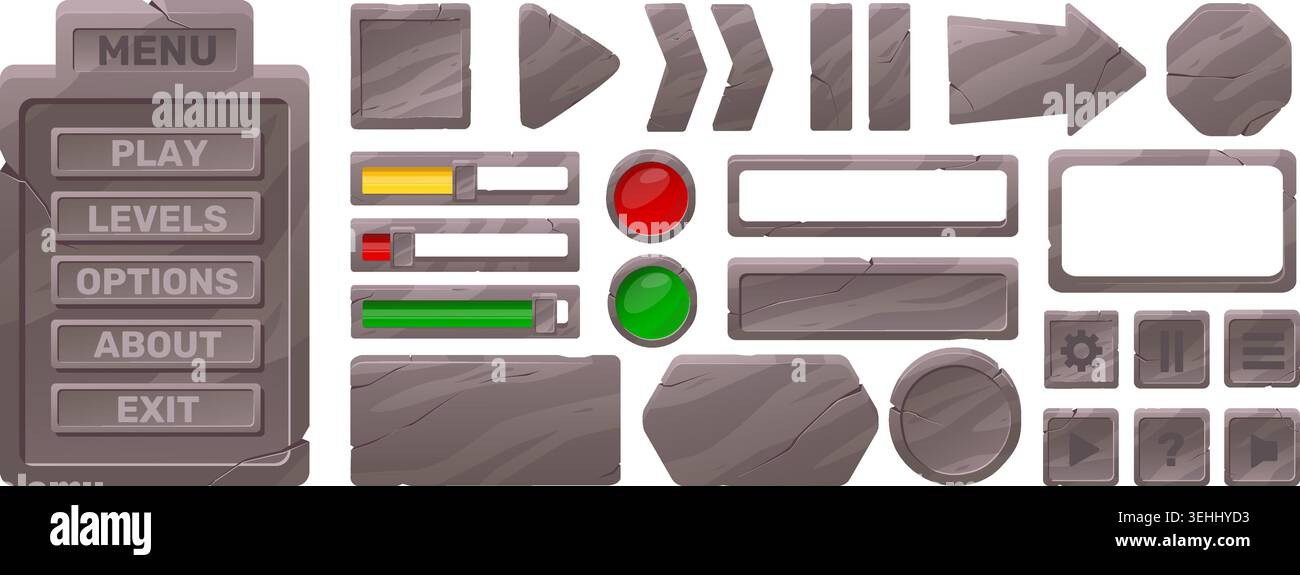 Stone slabs, frames and buttons. User interface elements with stone texture. Dashboard signs and loading indicators. Cracked tablets. Boards with Stock Vector