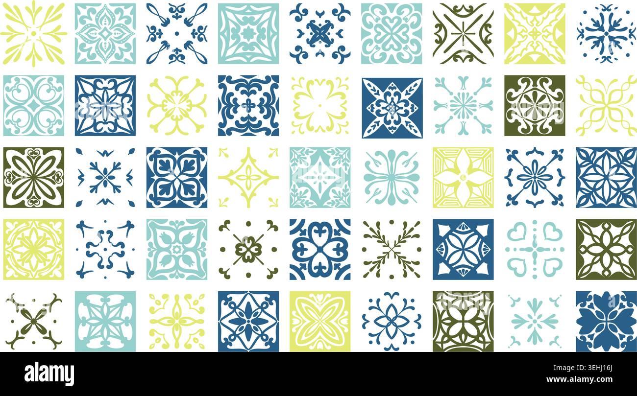 Ceramic Mediterranean pattern tiles set. Blue and yellow Amalfi mosaic ornaments. Italian floral vector design. Vintage traditional floor decor Stock Vector