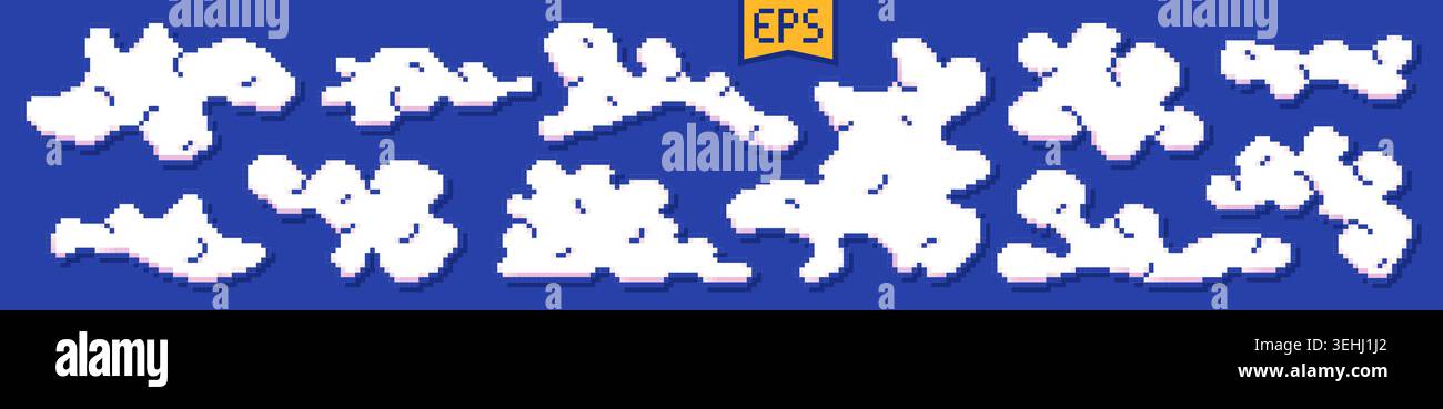 Pixel art white different shapes clouds. Stock Vector