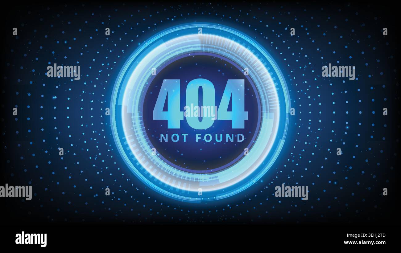 Abstract glowing digital circle background featuring a 404 error not found text for technology websites Stock Vector