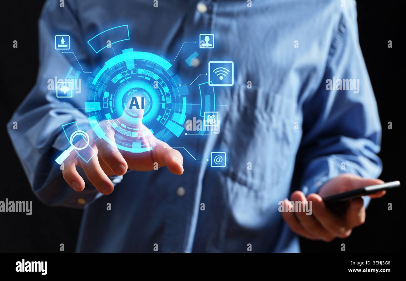 Man touching a futuristic AI interface, representing advanced technology, global networking, and data management Stock Photo