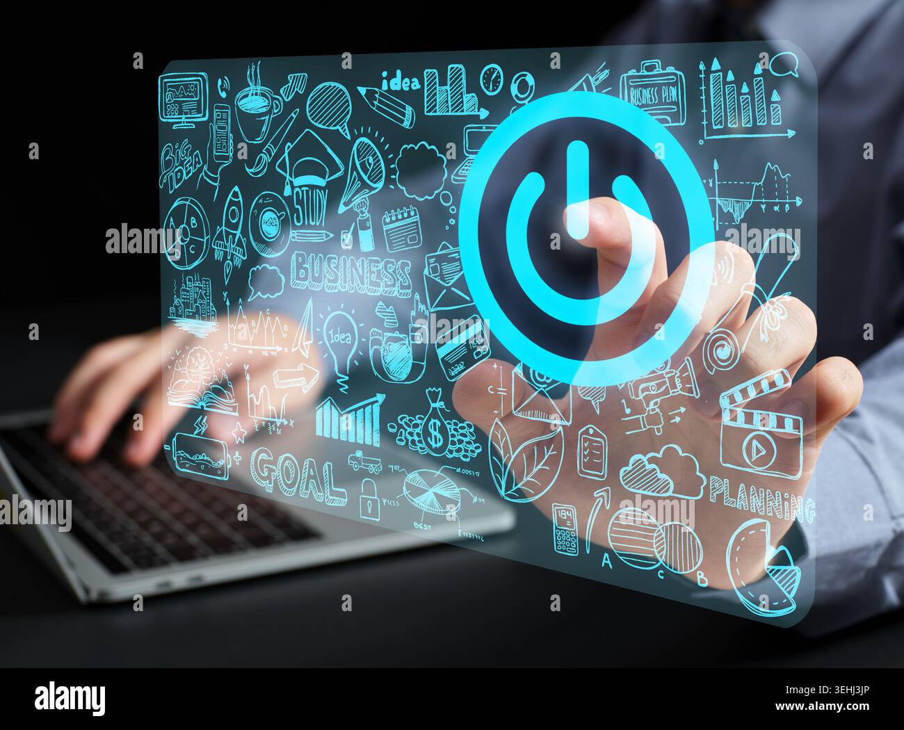Person's hand pressing a start button on a transparent touch screen displaying various business doodles and concepts. Business startup concept. Stock Photo