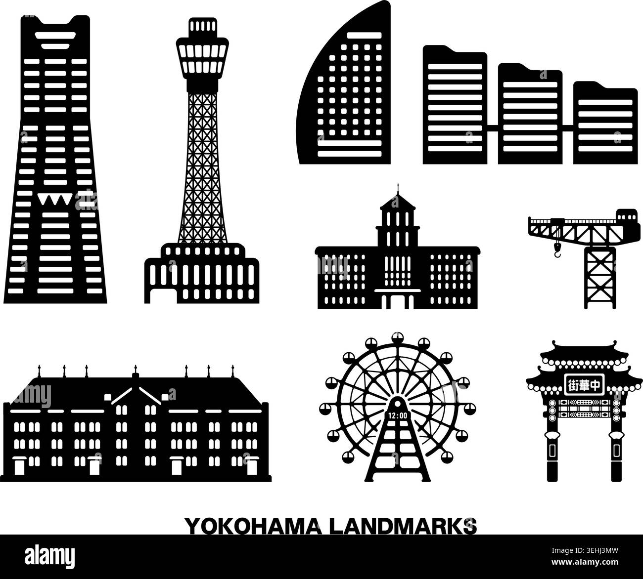 Yokohama landmarks flat vector illustration set Stock Vector