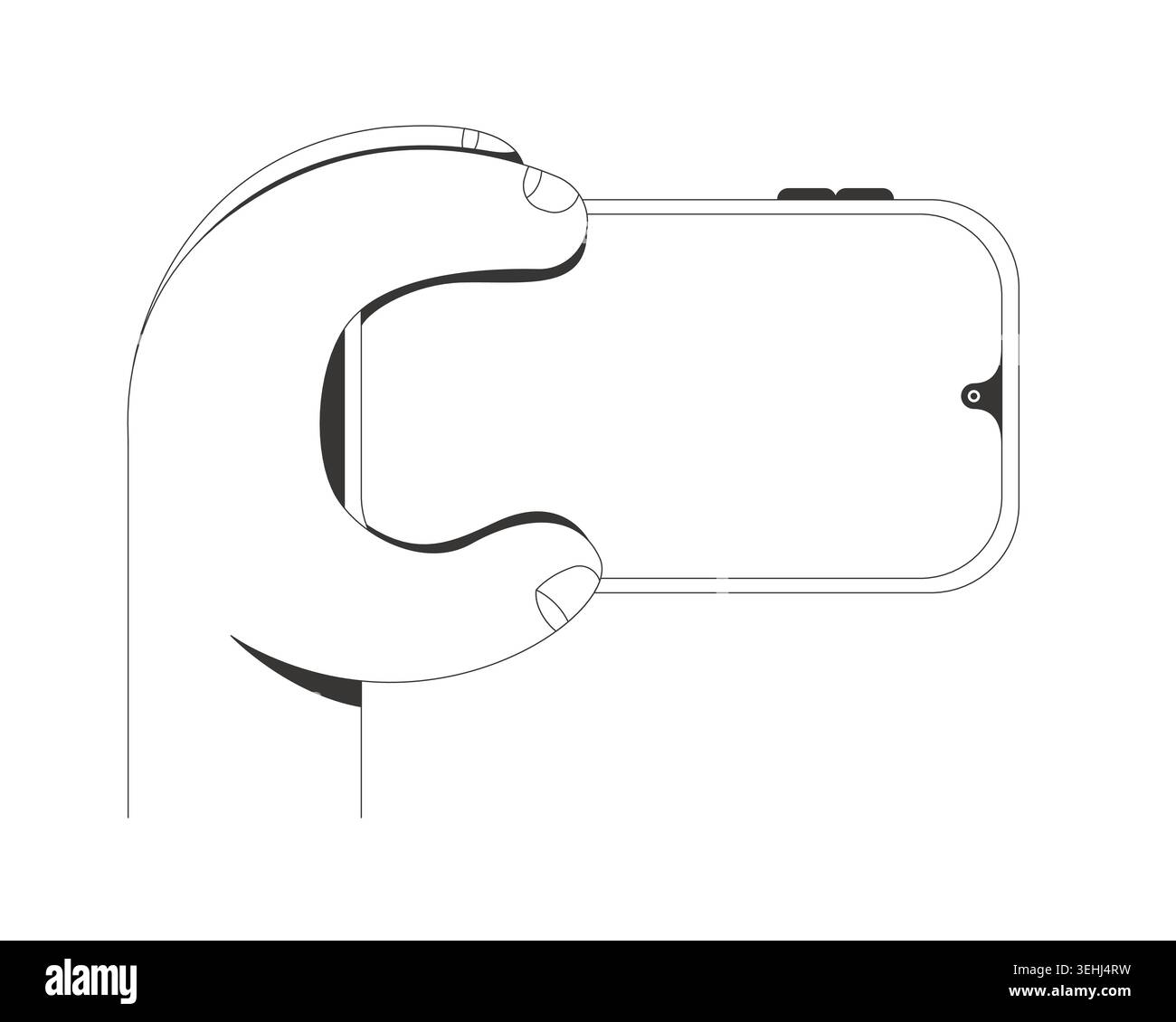 Closeup hand gripping empty phone in landscape mode line tutorial graphic Stock Vector