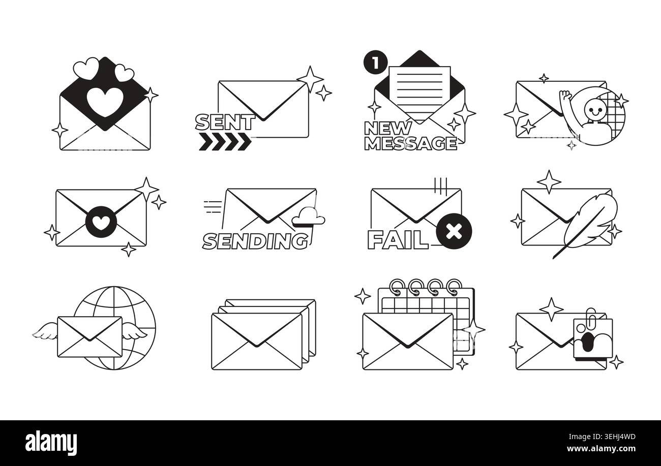 Email and messaging modern black and white UI element set Stock Vector