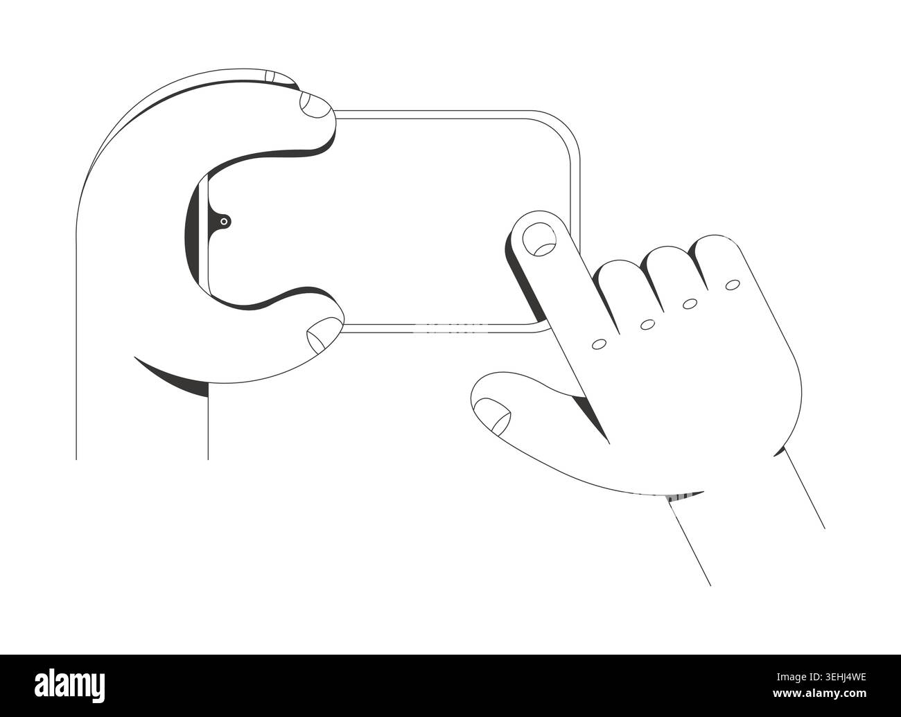 Hand holding phone mockup in landscape mode with touch line tutorial graphic Stock Vector