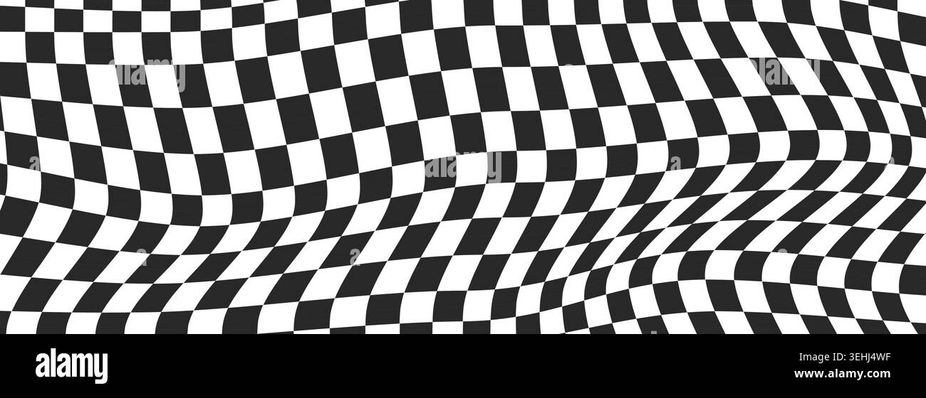 Black white checkerboard background, pattern grid. Retro psychedelic checkered wallpaper. Chessboard surface. Distorted geometric grid. Vector illustration Stock Vector