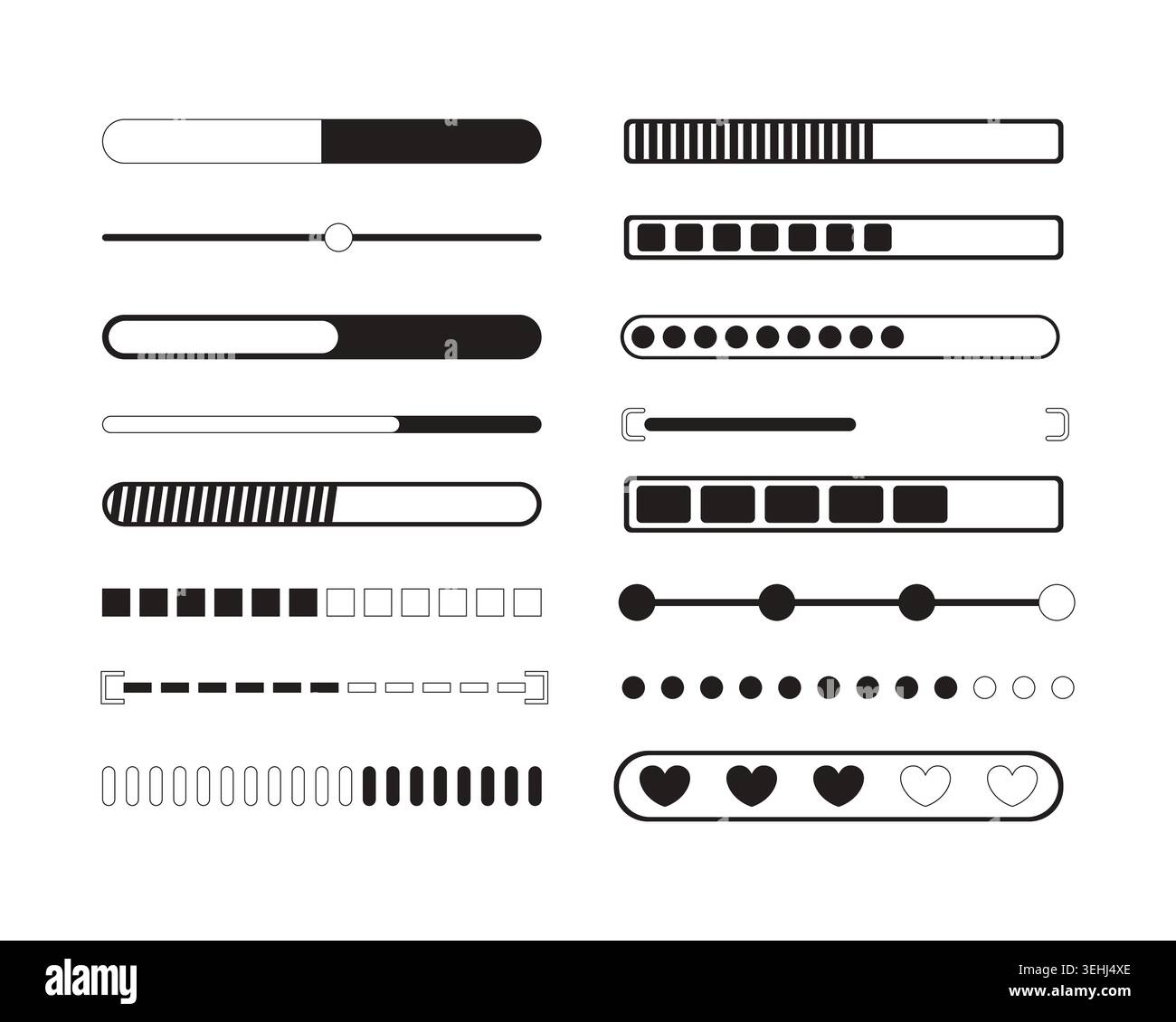 Progress bar and loading modern black and white UI element set Stock Vector