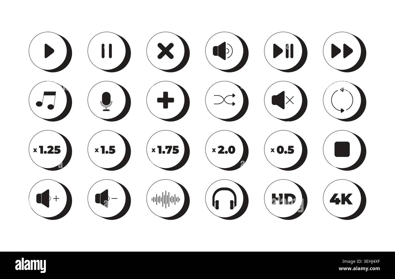 Audio media player control modern black and white UI element set Stock Vector