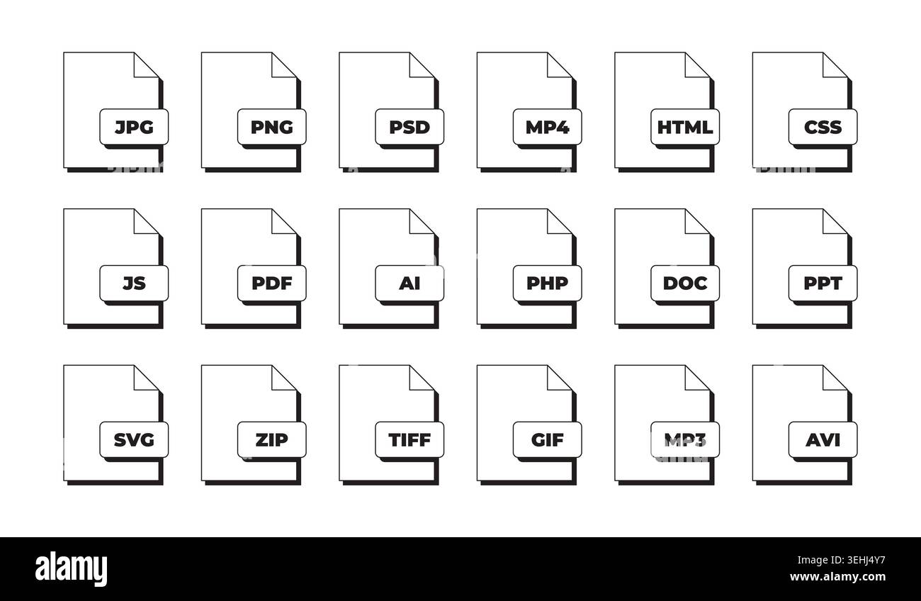 File format document modern black and white UI element set Stock Vector