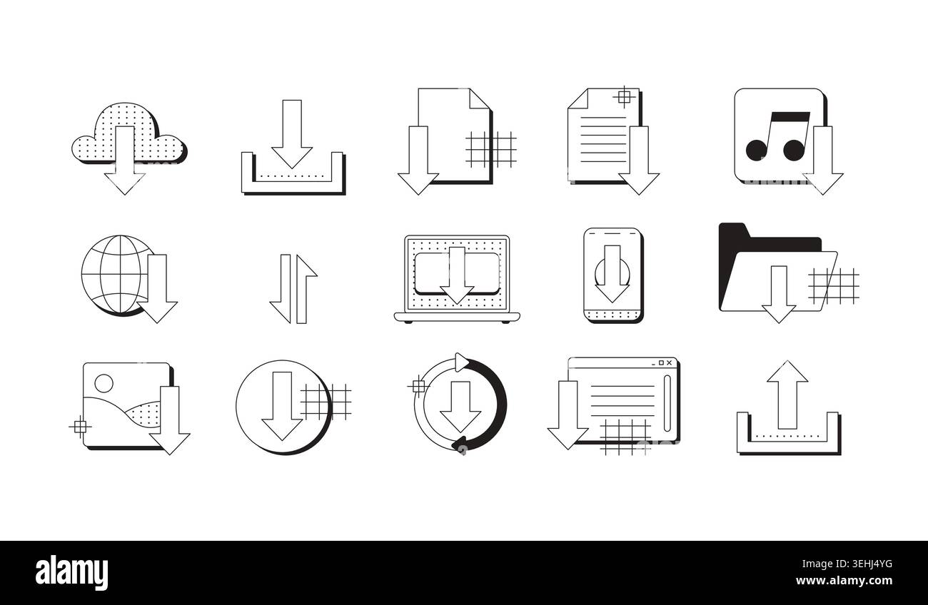 Download and upload modern black and white UI element set Stock Vector