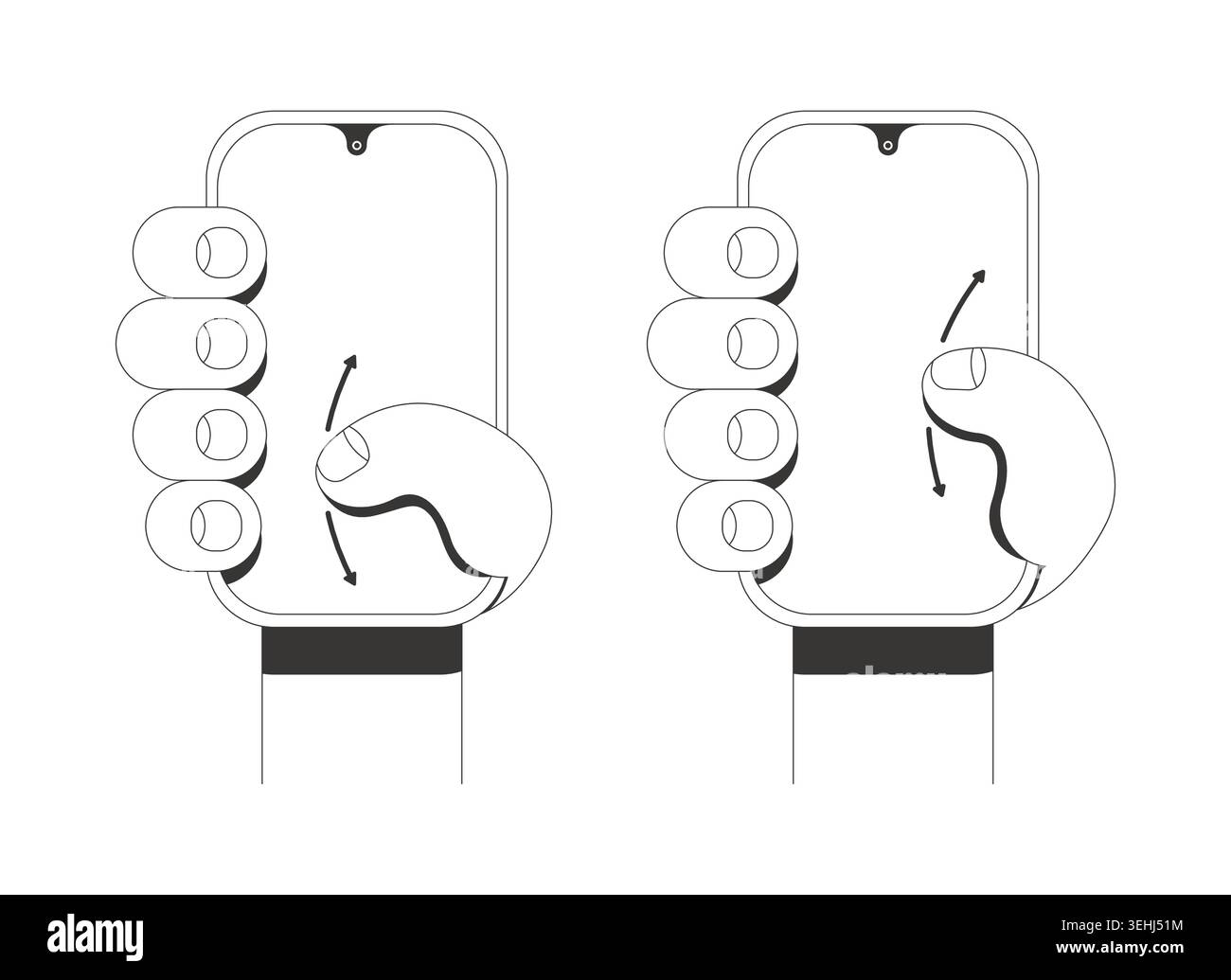 Swipe gesture with thumb on blank phone line tutorial graphic Stock Vector
