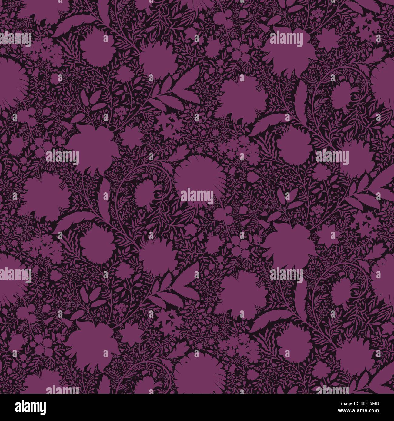 Deep Plum Monochrome Chintz Silhouette Pattern Stock Vector