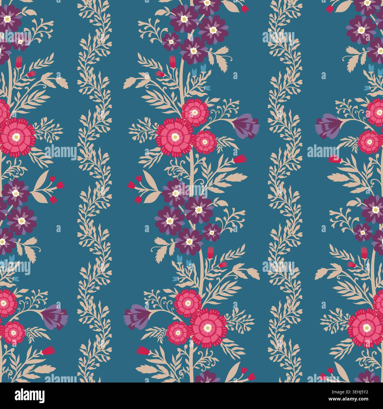Teal Blue Indian Chintz Stripe Pattern Stock Vector