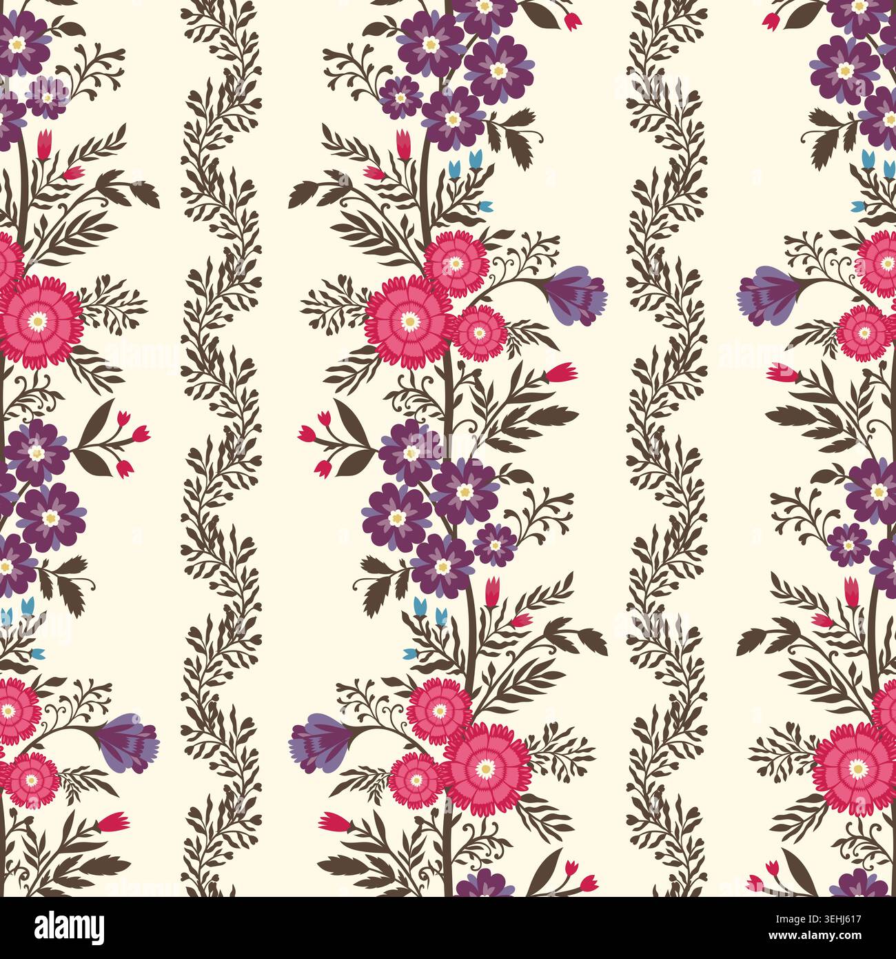 Ivory Vertical Stripe Chintz Flower Pattern Stock Vector