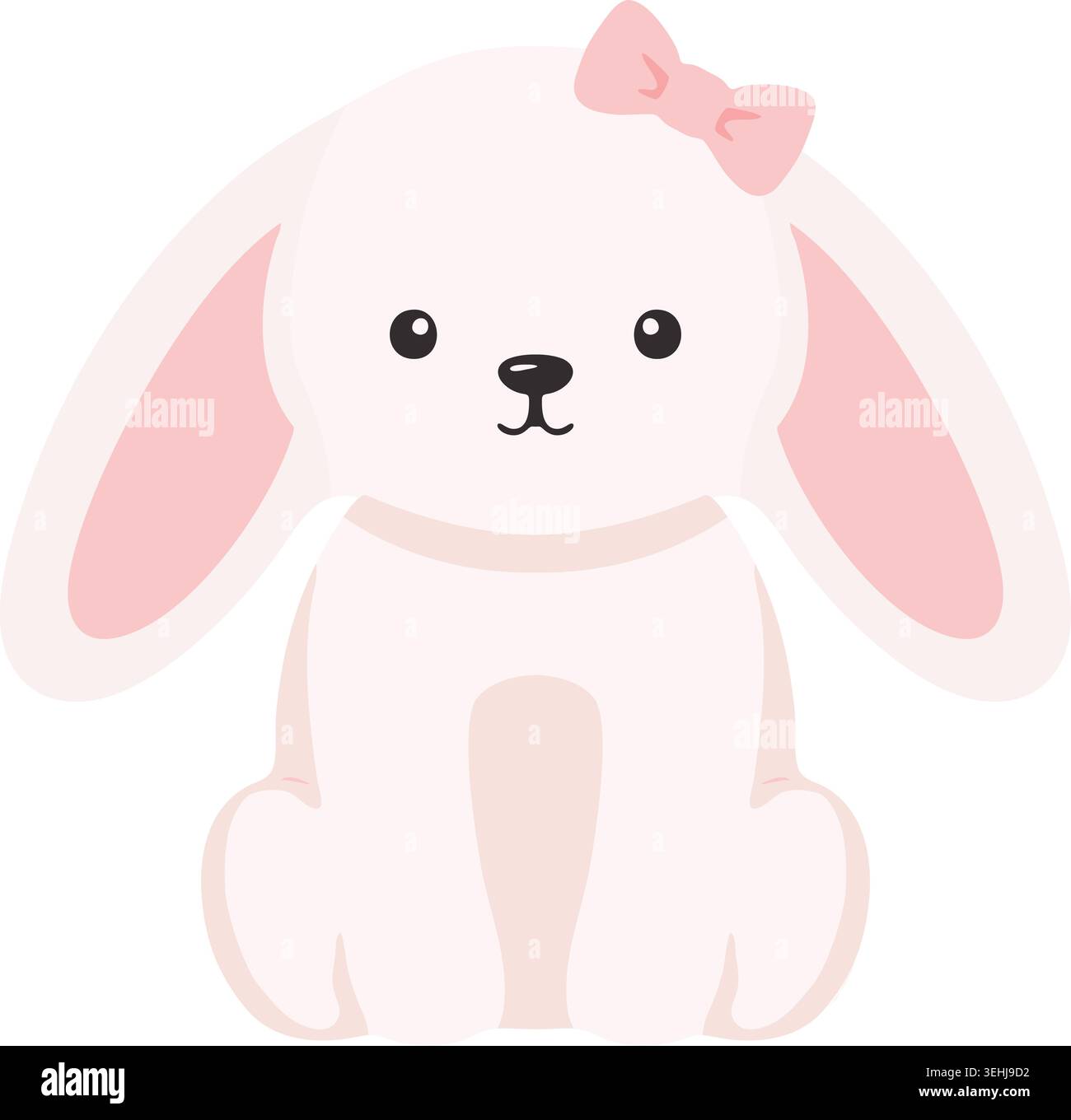 Simple illustration of a white bunny with long floppy pink ears a small bow and rounded feet. Stock Vector