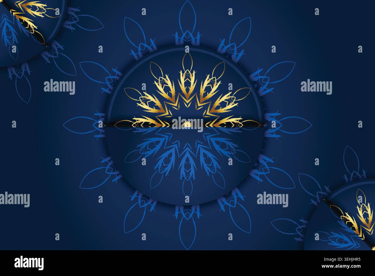 Artistic Gold Mandala Pattern With Layered Geometric Blue Background Stock Vector