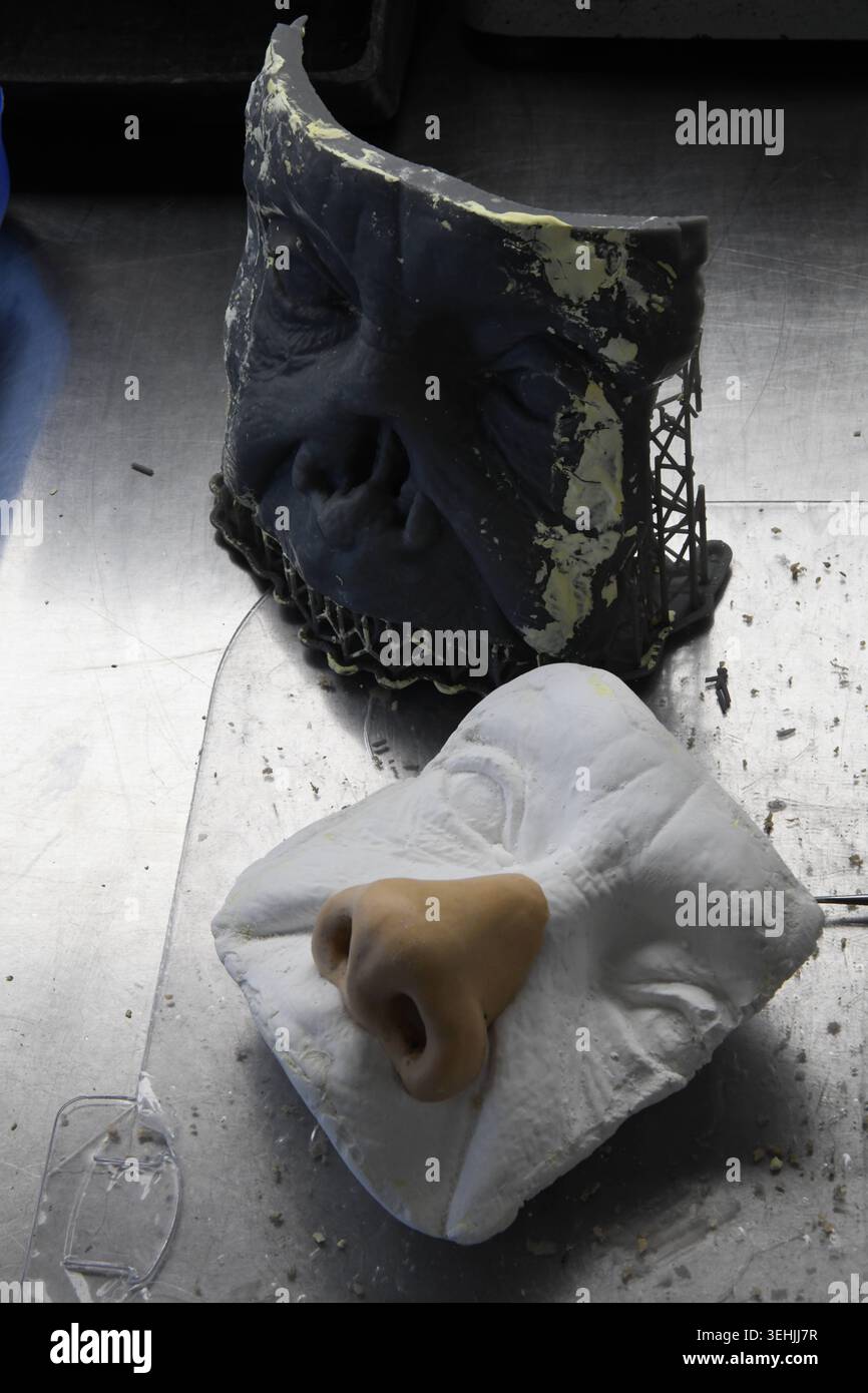 A dark grey 3D printed mold is behind a white cast of a face with a ...