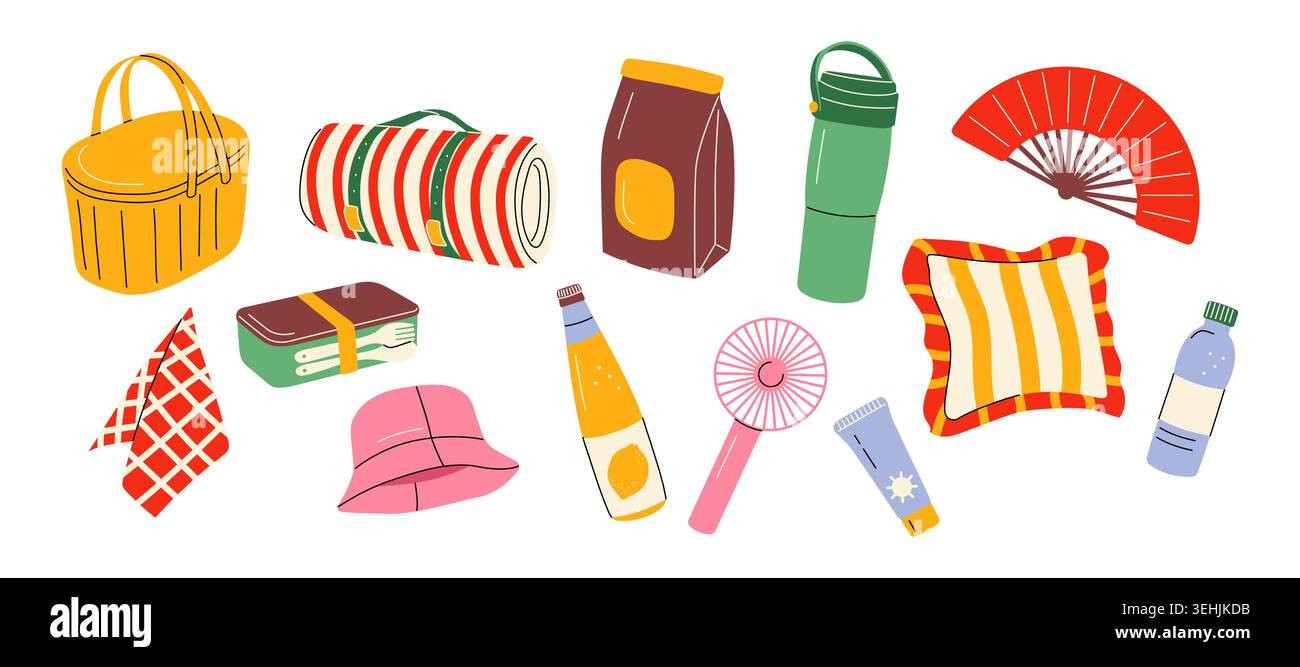 Picnic elements and summer outdoor recreation objects collection vector hand drawn illustration flat Stock Vector