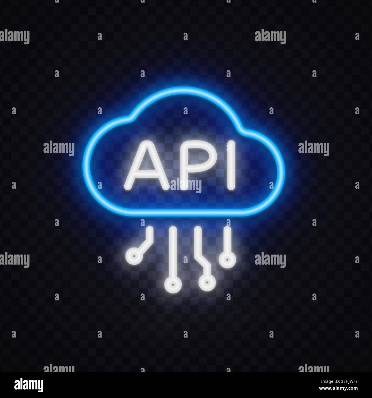 Neon API cloud icon with glowing circuit lines and tech style. Futuristic symbol for software development, cloud computing or digital connection. Stock Vector