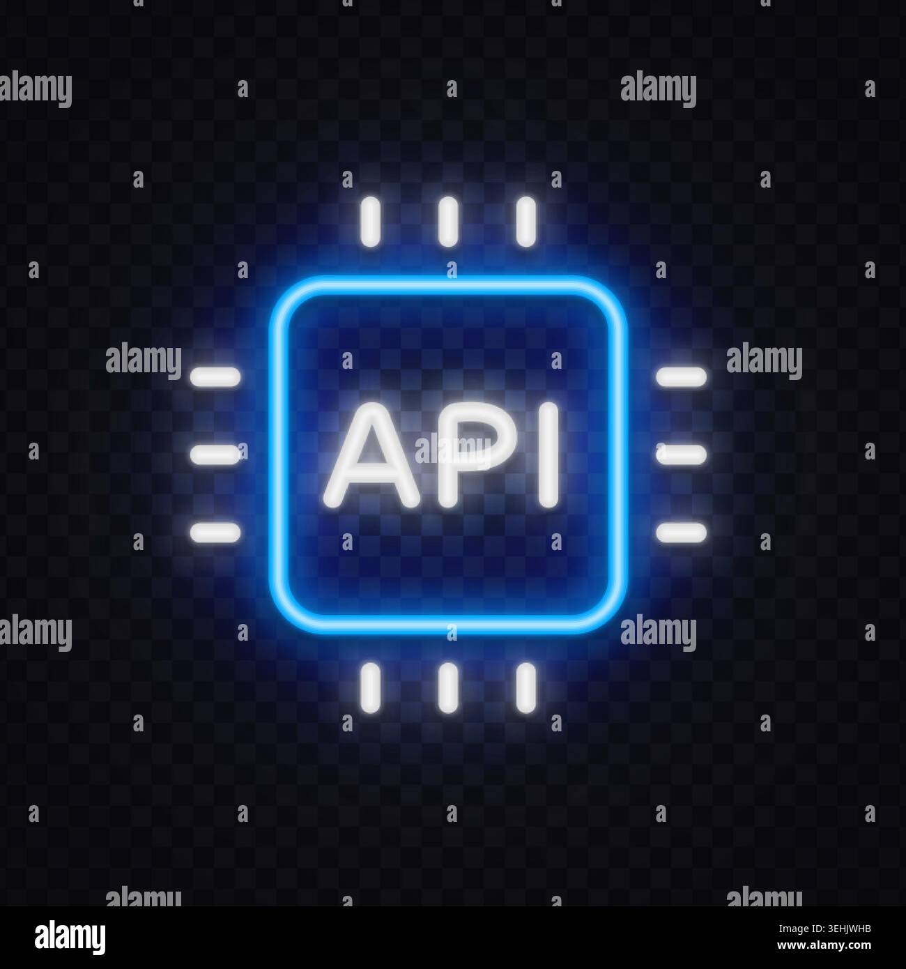 Bright neon API chip icon with futuristic electronic details. Modern technology symbol for coding, software interface or data processing. Stock Vector