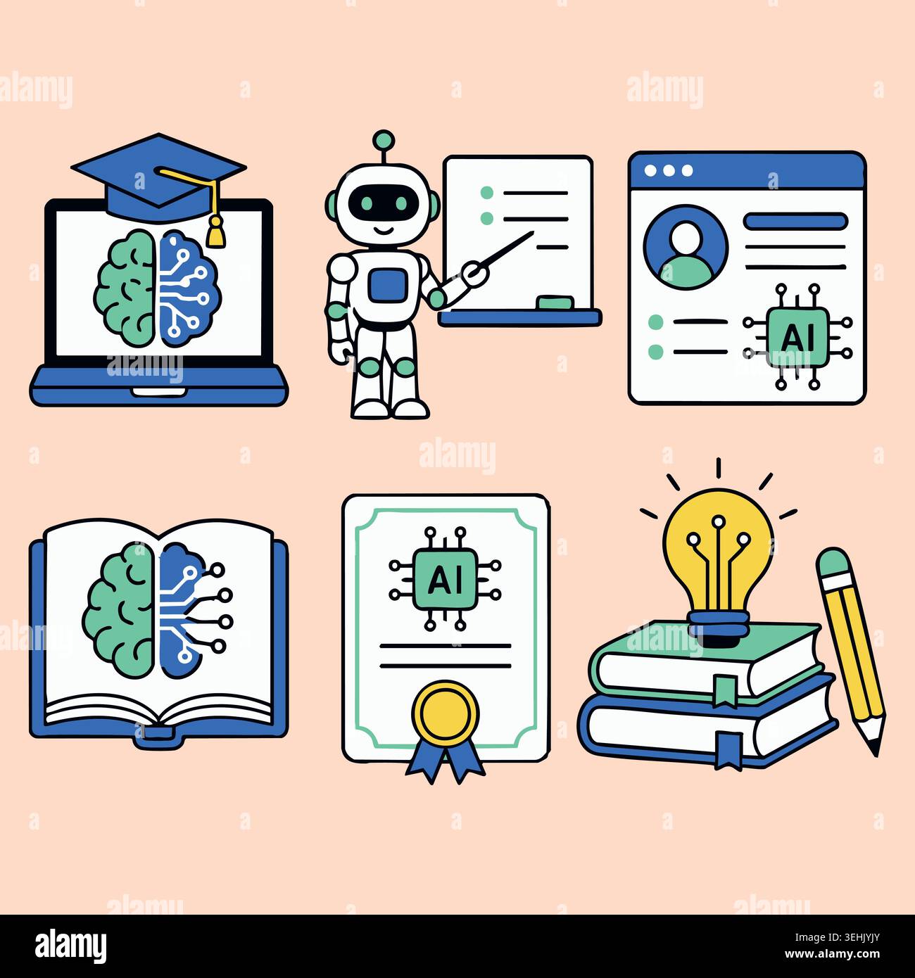 Education materials set with artificial intelligence brain icons computer coding software book and creative smart solution ideas for high tech educati Stock Vector