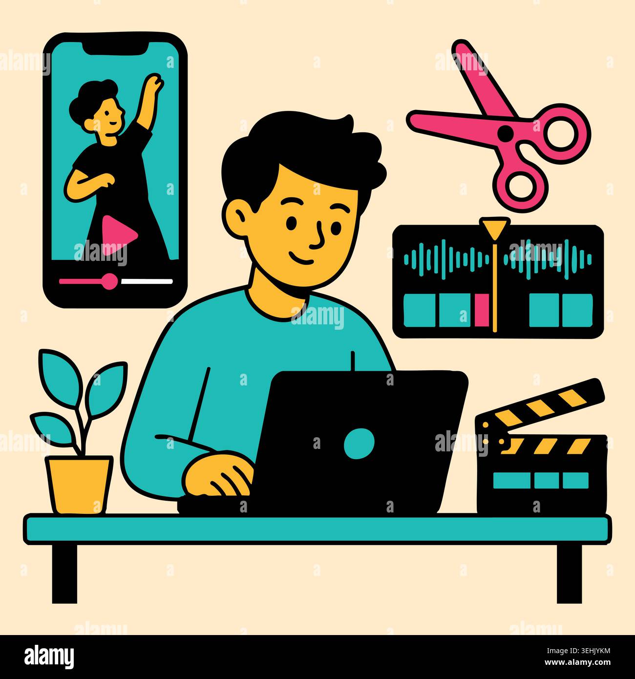 Young man creating media content using video editing software with visual timelines effect filters elements and motion graphics for production workspa Stock Vector
