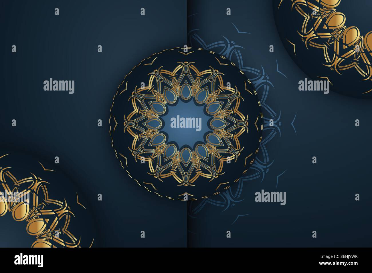 Symmetrical Gold Mandala Artwork On Deep Blue Decorative Background Stock Vector