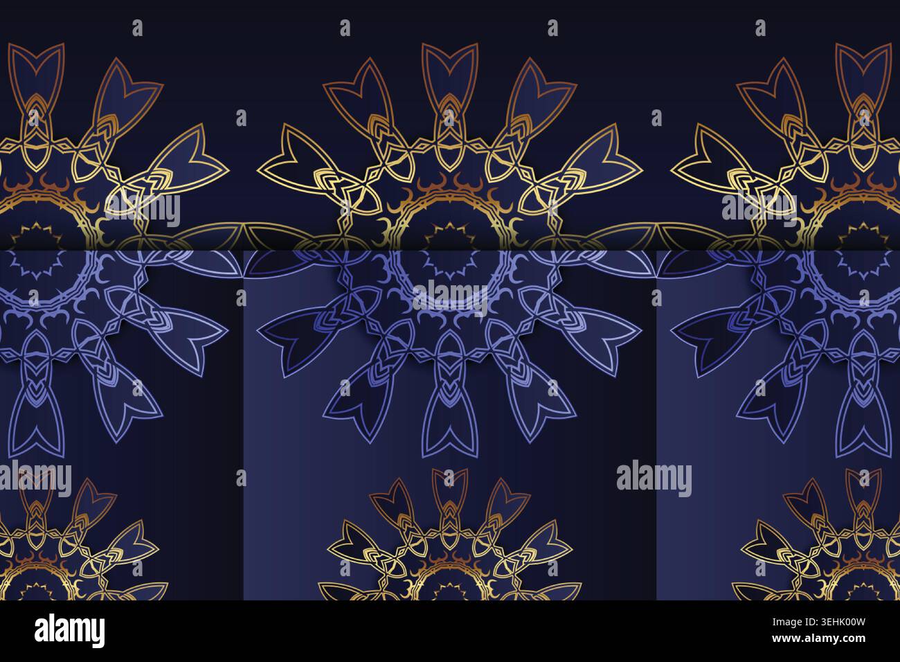 Elegant Blue And Gold Mandala Pattern With Geometric Frame Elements Stock Vector
