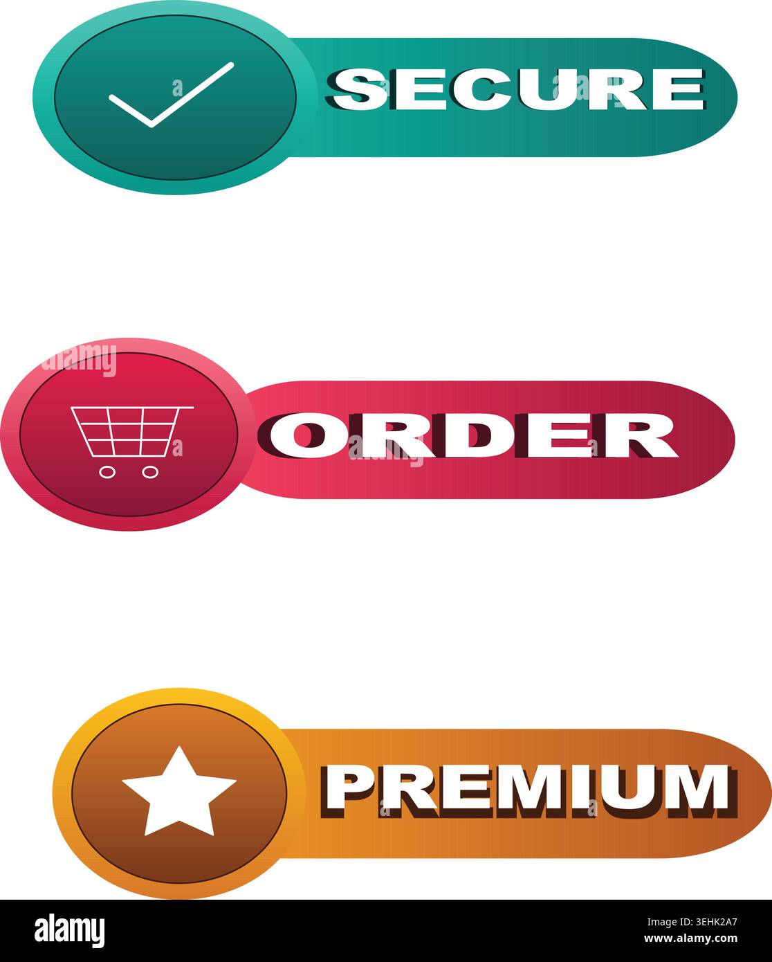 Three colorful oval badges with icons and text for secure, order, and premium services. Stock Vector