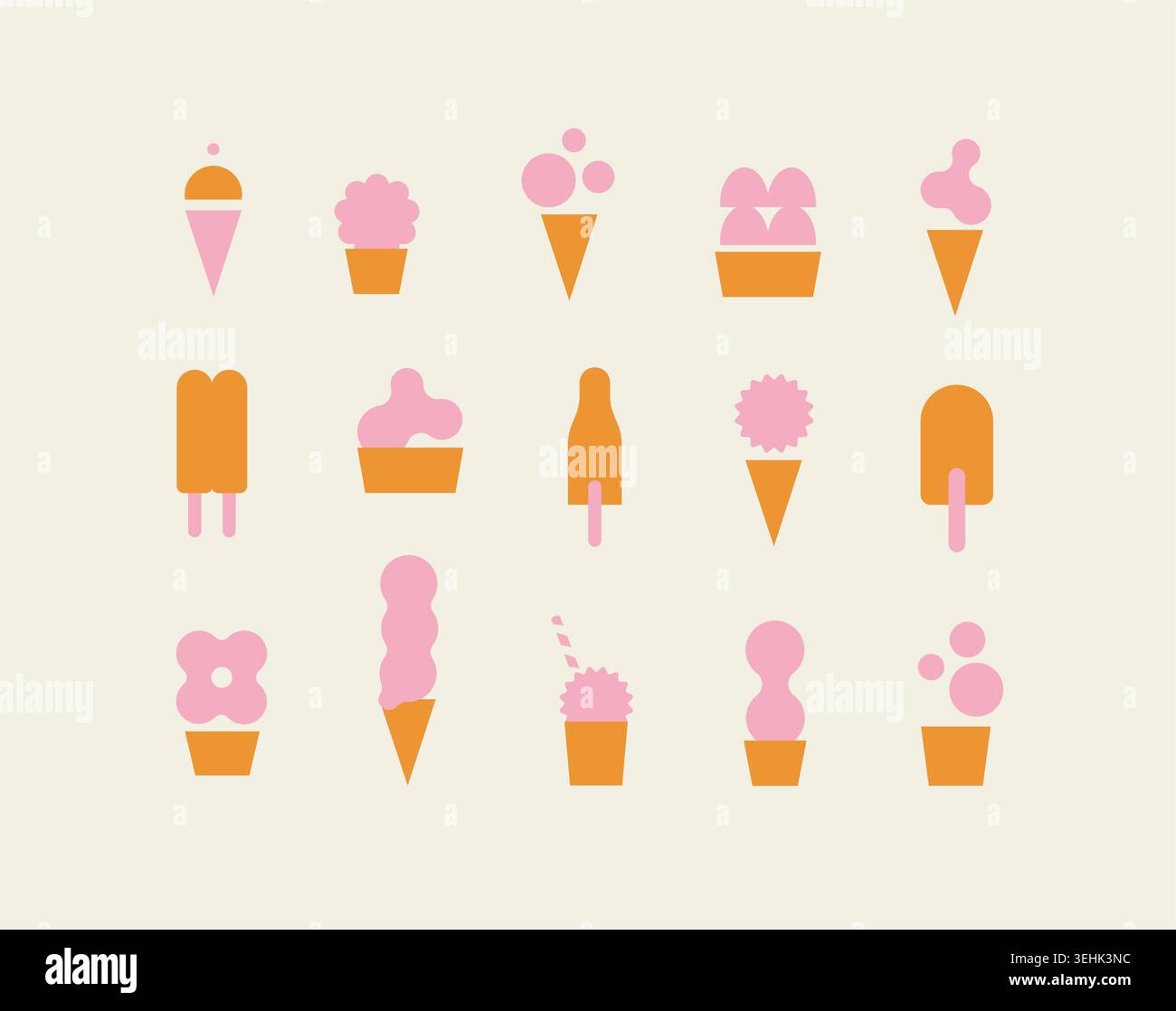 Sweet ice cream different styles and shapes modern icons set drawing with orange and pink on beige background Stock Vector