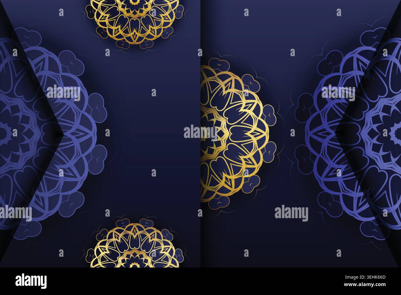Deep Blue Background With Symmetrical Gold And Blue Mandala Pattern Stock Vector