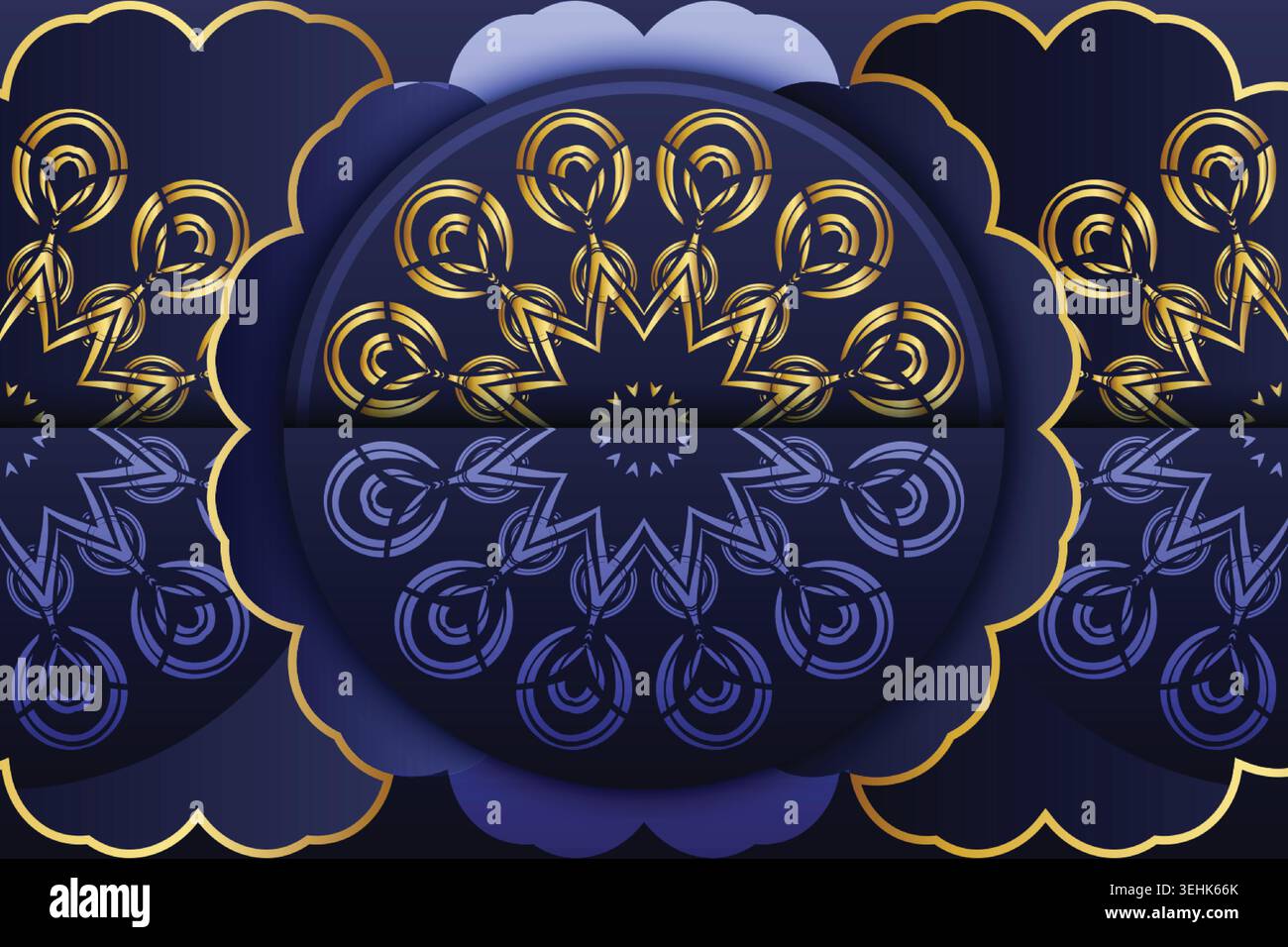 Symmetrical Gold Mandala Artwork On Deep Blue Decorative Background Stock Vector