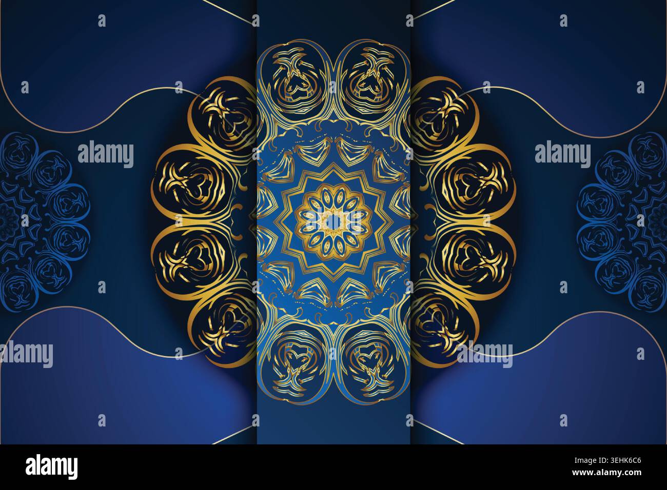 Elegant Blue And Gold Mandala Pattern With Geometric Frame Elements Stock Vector